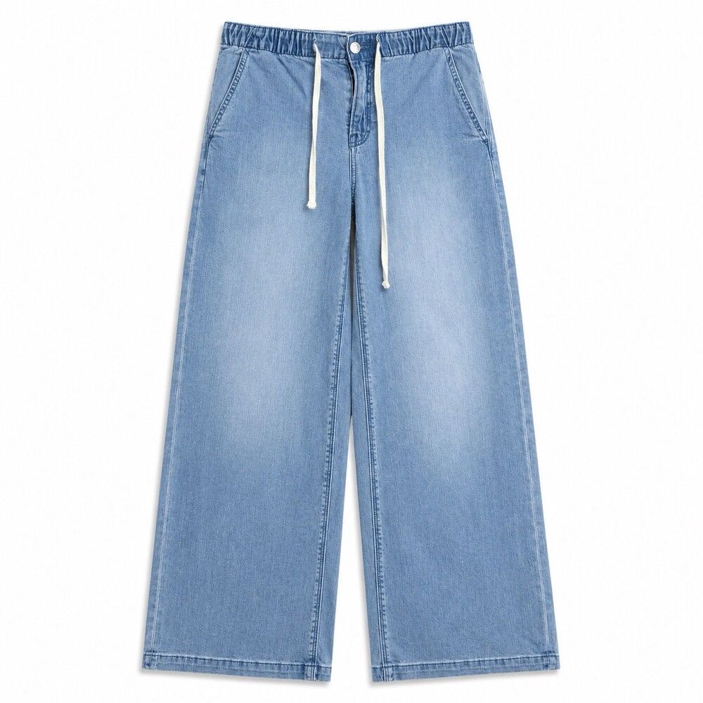 Old Navy Wide Leg Jeans Light Wash Drawstring Elastic Waist Small Denim Pants